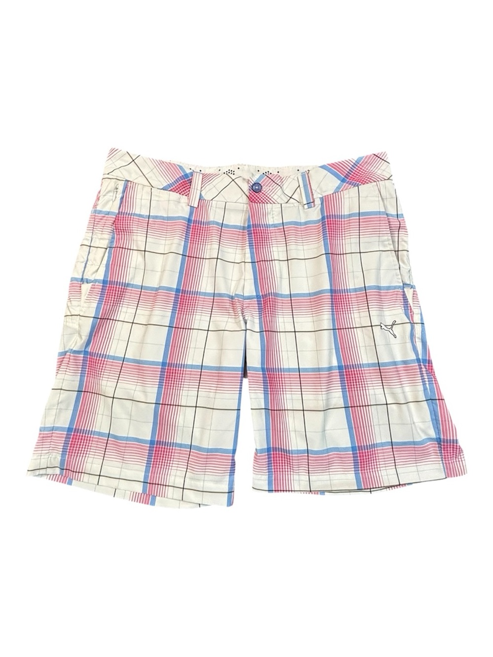 Puma Sportlifestyle Golf Shorts Mens 34 Plaid Flat Front White Pink Blue Plaid